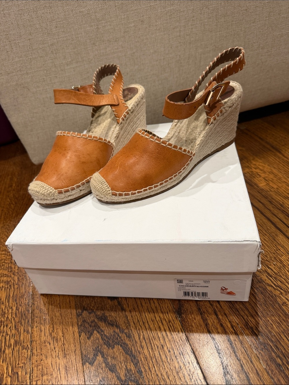 Chloe Cognac Leather Espadrille Wedge Sandals